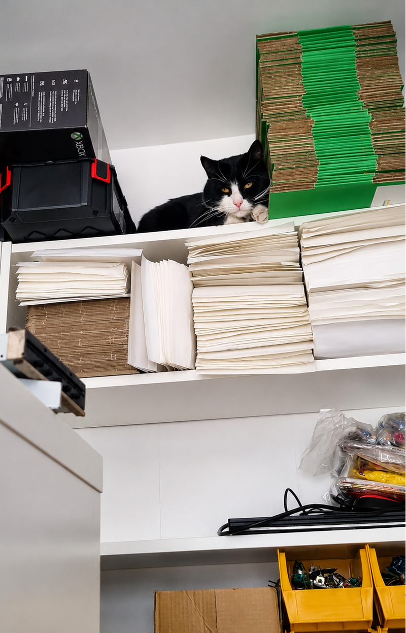 Cat peeking out from behind a stack of papers in an office setting